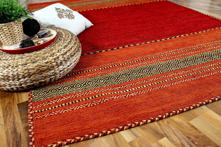 Navarro Natur Teppich Bauwolle Kelim Rot Orange in 6 Grössen 120x180 cm, 120x180 cm