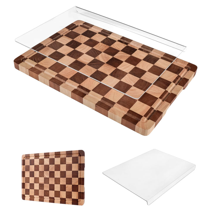 Schneidebrett-Set 2-teilig – Kariertes Holz- &amp; Acryl-Schneidebrett mit Arbeitsplatten-Lippe, Holz-Sc