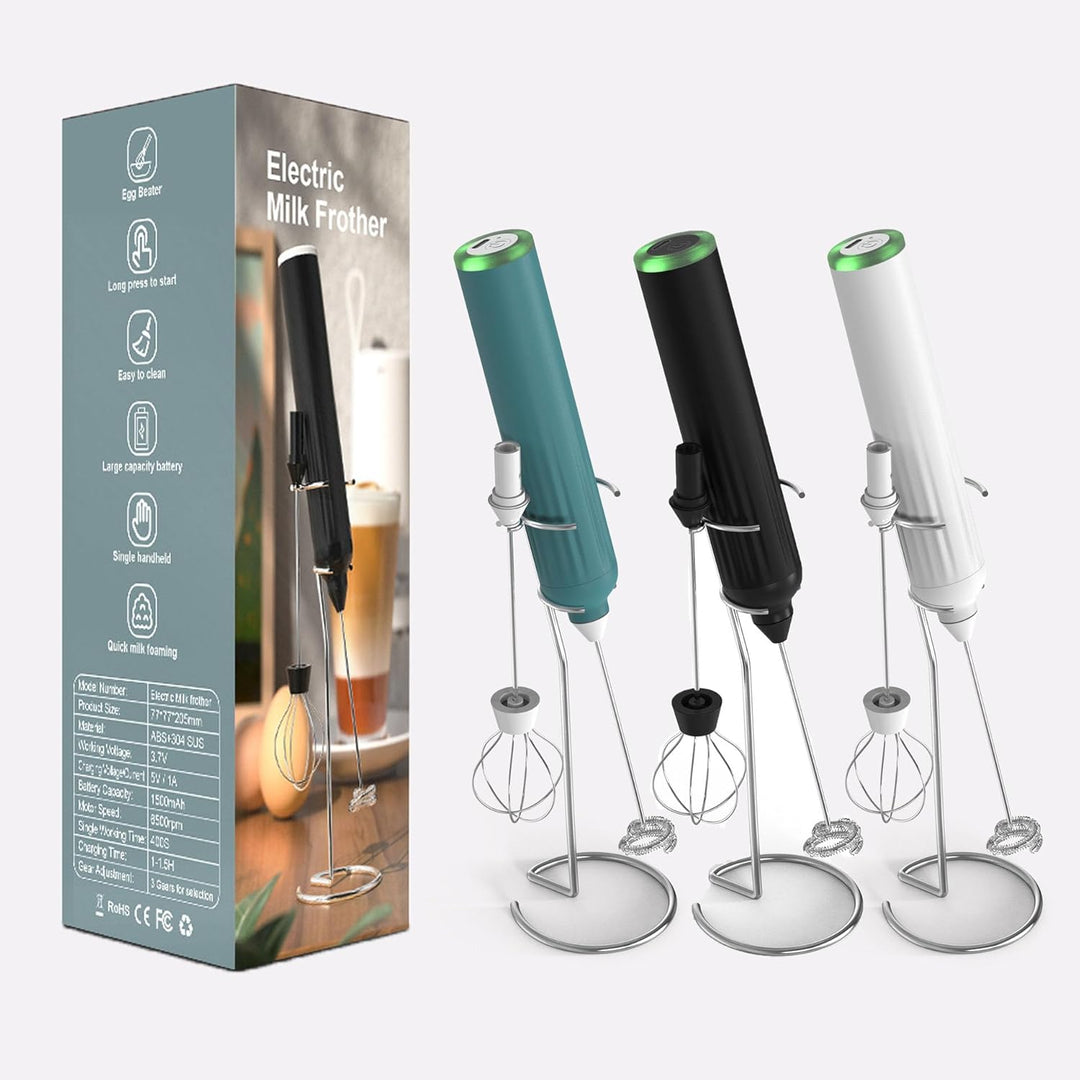 Meichoon Handheld Milchaufschäumer Mini Elektrischer Schneebesen mit 2 Rührköpfen mit Edelstahlständ
