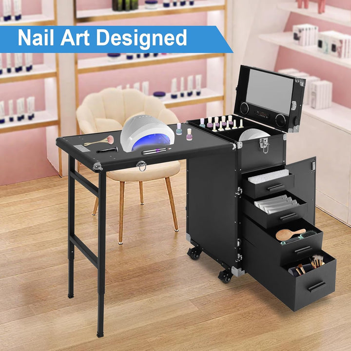 Nageltisch Maniküretisch, Faltbar Mobile Rolling Maniküre Tisch mit Fernbedienung und Make-up-Zug Ko