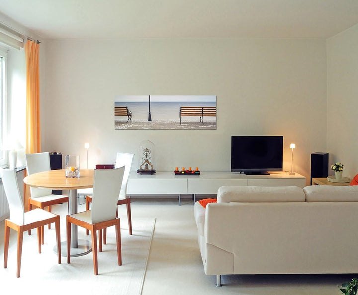 Paul Sinus Art Panoramabild auf Leinwand und Keilrahmen 120x40cm Meer Bänke Laterne Herbst