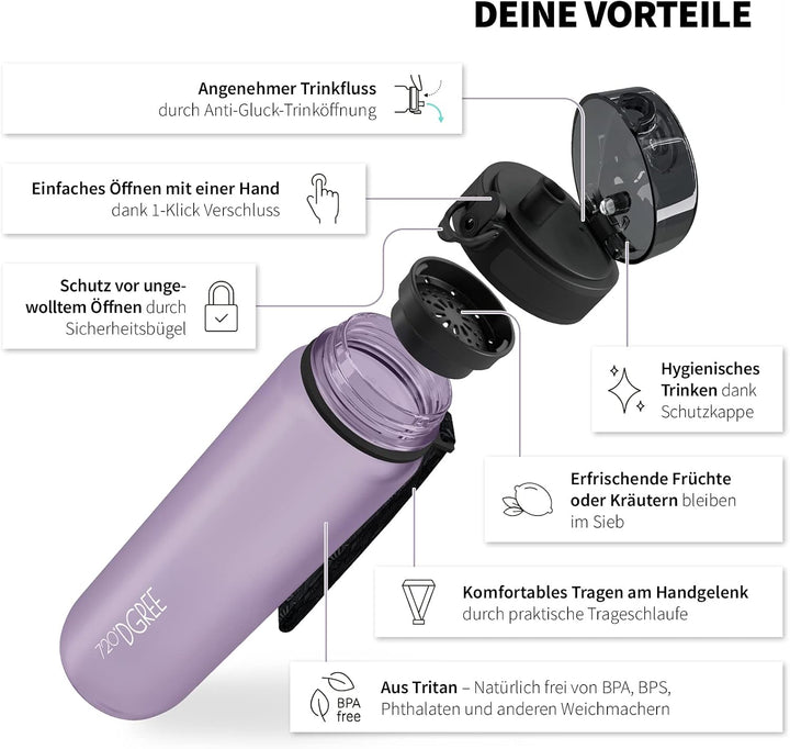 720°DGREE Trinkflasche “uberBottle“ +Sieb - 350ml, 500ml, 650ml, 1000ml, 1,5l, 2l - BPA-Frei - Wasse