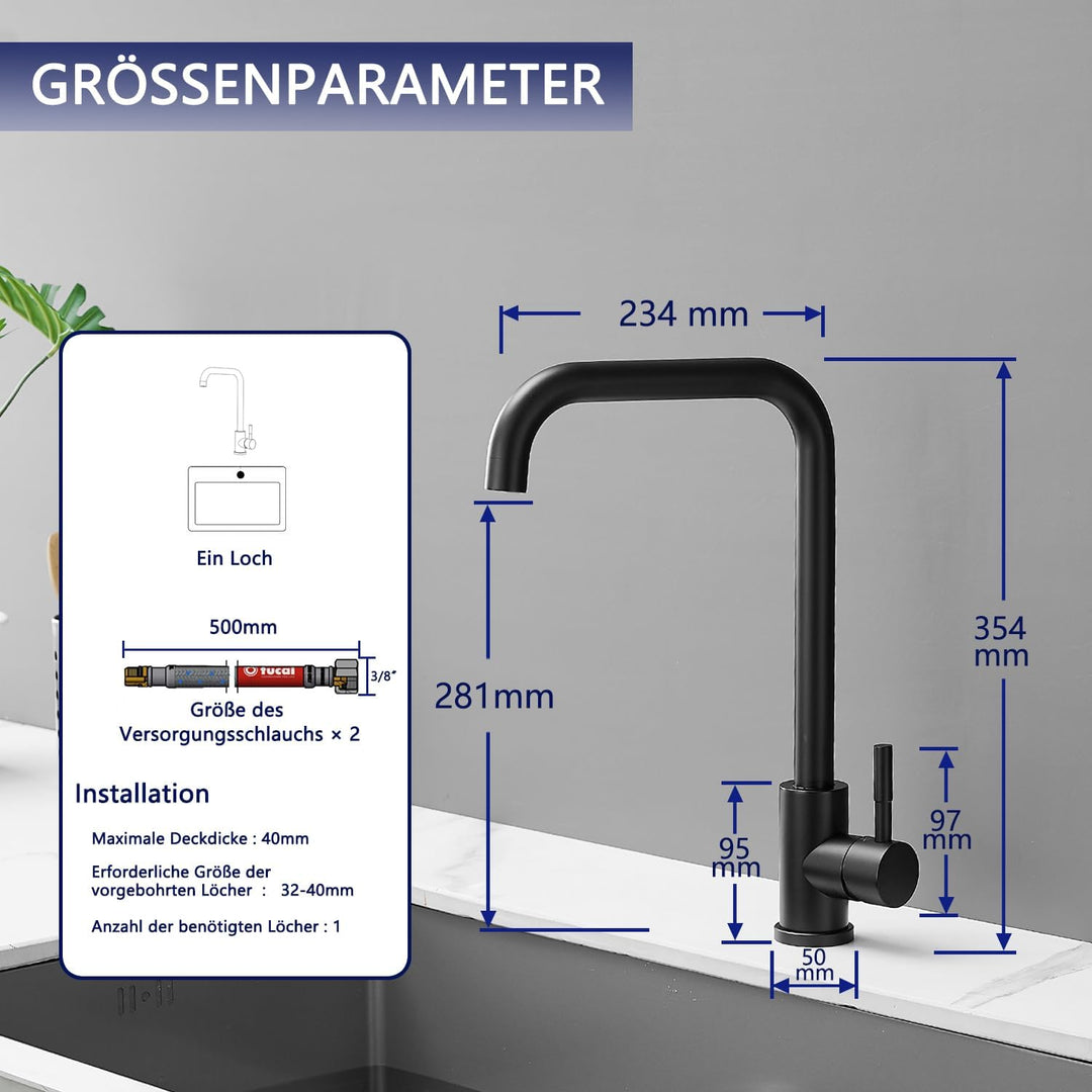 Küchenarmatur aus Edelstahl, 360° drehbarer L-förmiger Einhebelmischer, Einloch Wasserhahn für Spüle