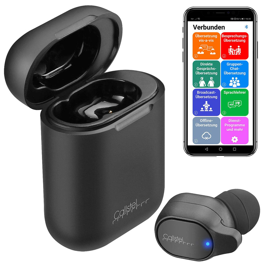 Callstel Translator: 2in1-Live-Übersetzer und In-Ear-Mono-Headset mit Powerbank-Box & App (Live Tran