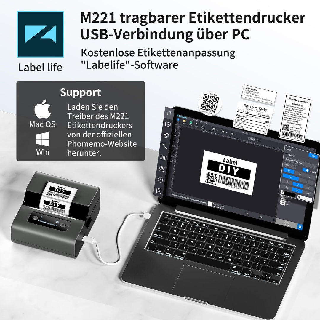Phomemo M221 Etikettendrucker, 3 Zoll Bluetooth Beschriftungsgerät Selbstklebend Upgrade Label Print