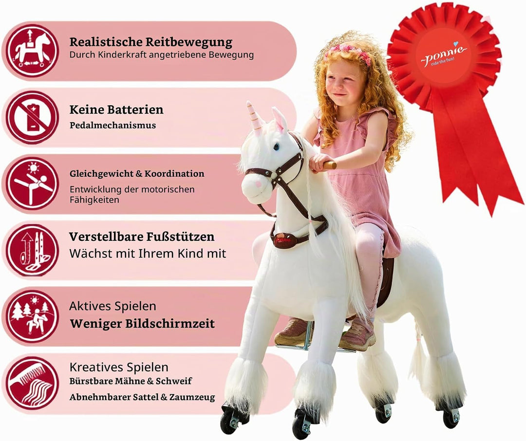 PONNIE Einhorn mit Rollen M (5-12 Jahre), Unicorn zum Reiten mit Abnehmbarer Braun Sattel und Halfte