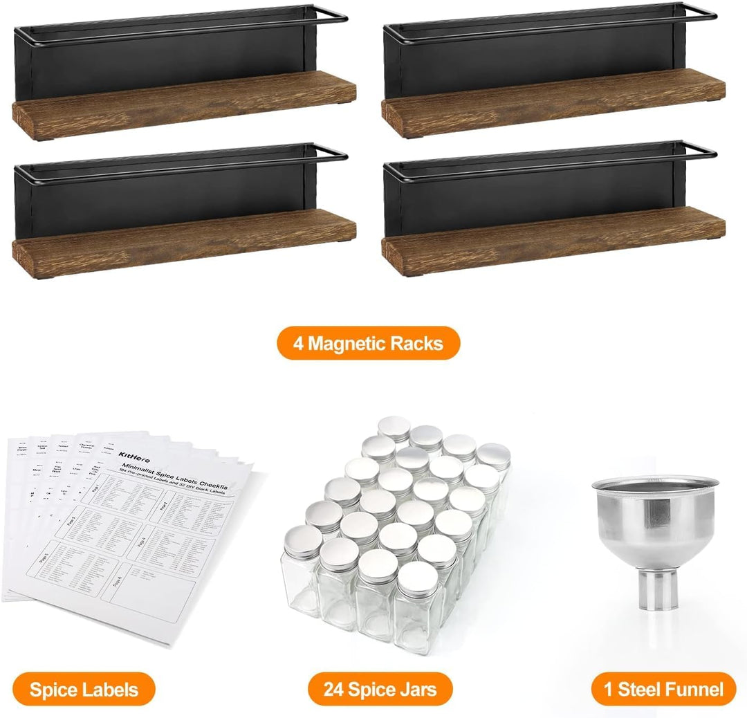 Gewürzregal Magnetisch mit 24 Gläsern, Bambus Magnetregale für Kühlschrank Ohne Bohren Küchenorganis