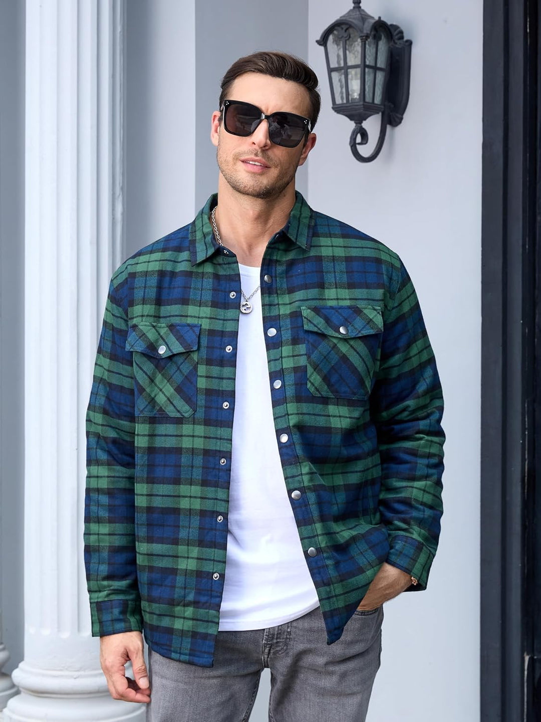 TACVASEN Herren Karierte Hemdjacke Flanellhemd Holzfällerhemd Thermohemd Jacke S Grün, S Grün