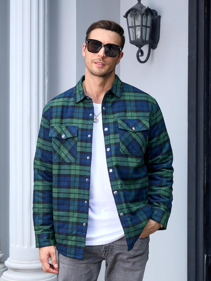 TACVASEN Herren Karierte Hemdjacke Flanellhemd Holzfällerhemd Thermohemd Jacke, 3XL Grün