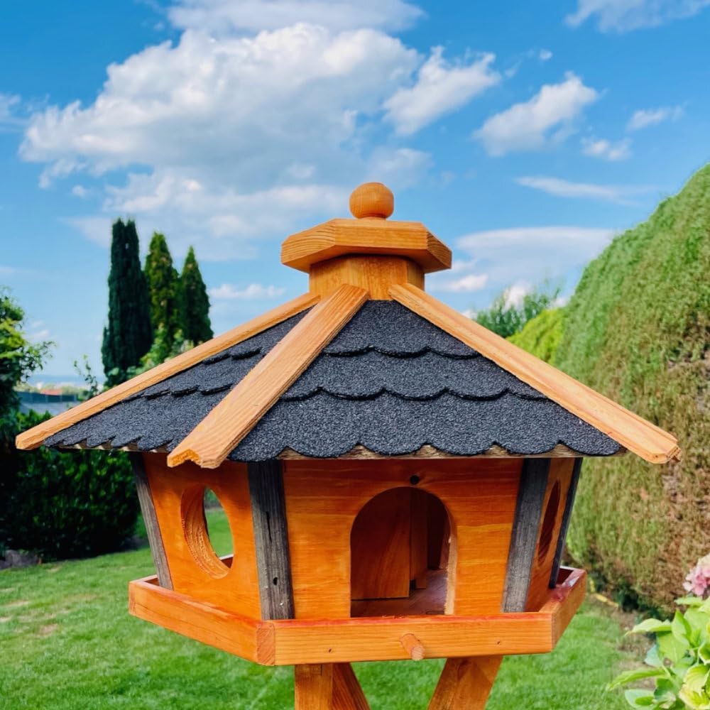 Vogel Futter Haus L oder XL Sechseck Holz Vogelhaus Futterstelle Braun/Blau, Rot, Schwarz und Grün (