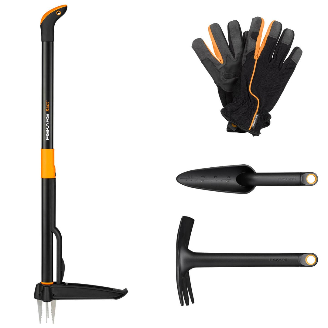 Fiskars Gartenwerkzeuge-Set, 4-teilig, Xact Unkrautstecher, Rostfreier Stahl/Kunststoff, Solid-Kombi