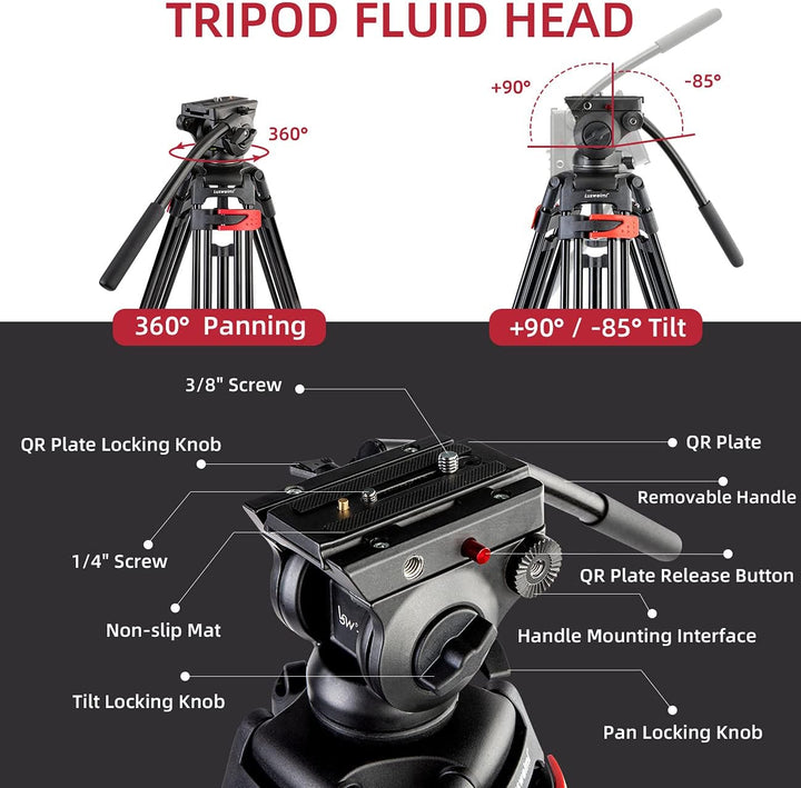 Heavy Duty Stativ 183 cm, Lusweimi Professionelles Aluminium-Videokamera-Stativ mit 2 Stück Universa