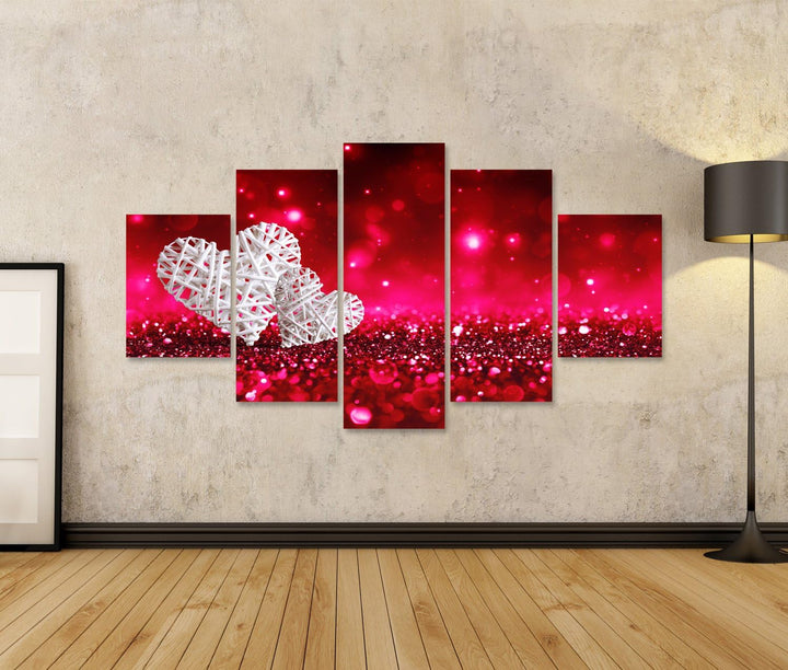 islandburner, Bild auf Leinwand Zwei Weidenherzen auf rotem, funkelndem Glitzer Wandbild Poster Lein