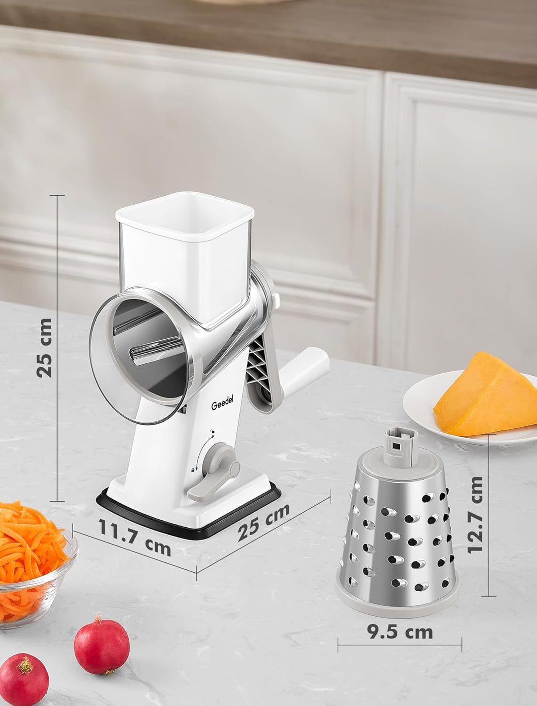 Geedel Käsereibe, Gemüseschneider mit 4 Austauschbare Klingen, Gemüsereibe mit Kurbel, Starkem Saugf