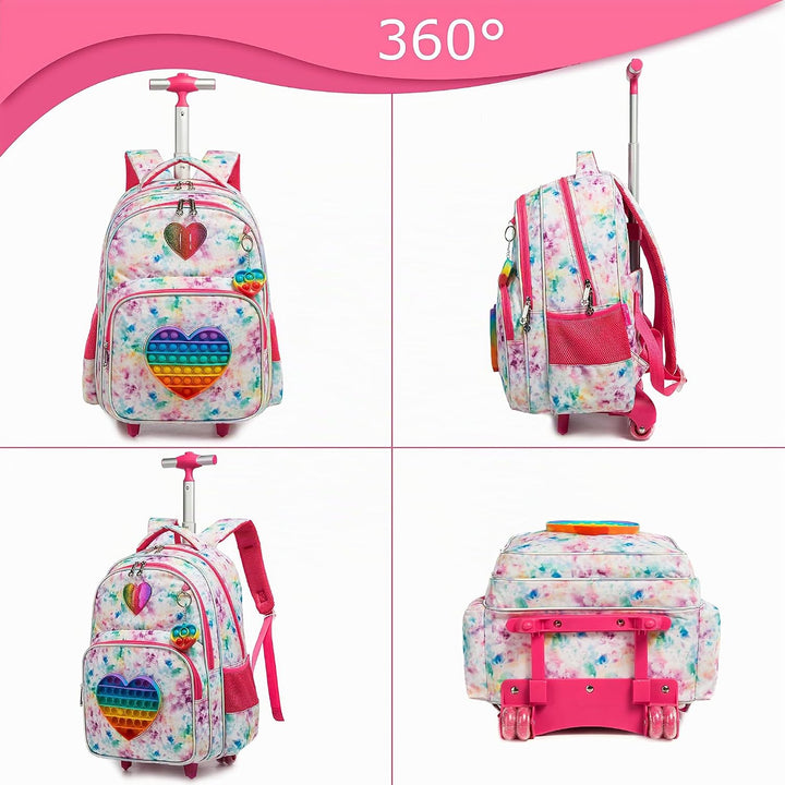 HTgroce Schulranzen mit Rollen für Mädchen Pop it Rucksack 16 Zoll Set 3 in 1 mit Lunch Bag Kinderga