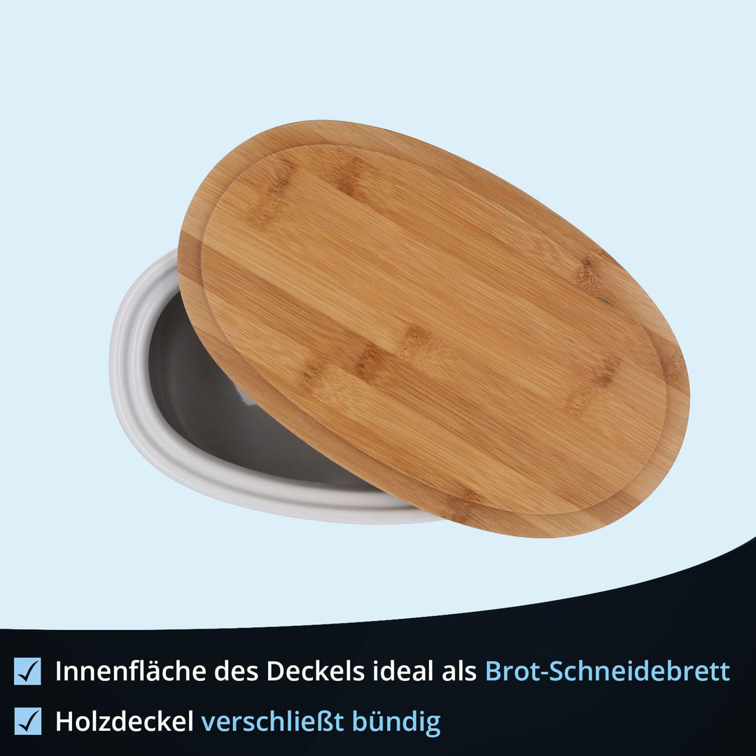 KHG Brotkasten aus Keramik Steingut gross & glasiert in Weiss mit Holzdeckel, Aufbewahrung Brotkaste