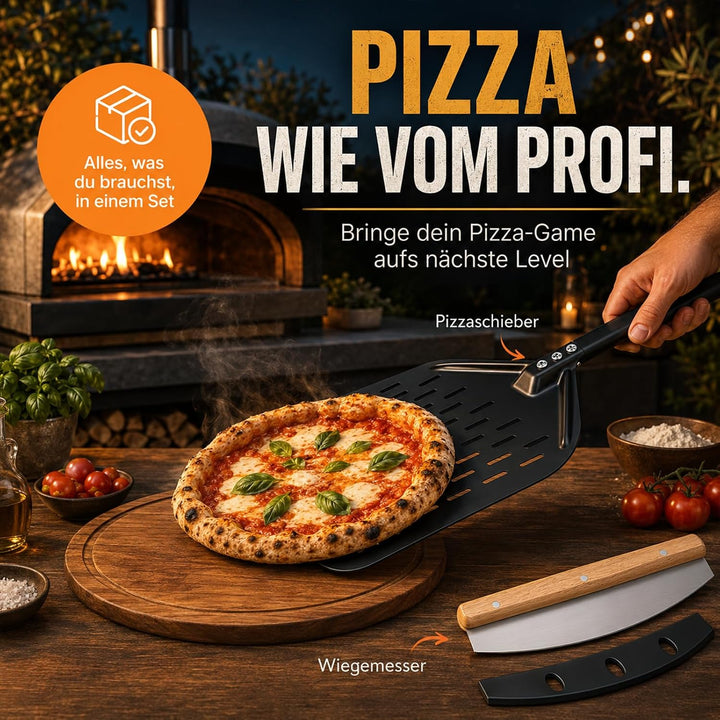 Pizzaschieber Set mit Perforiertem Schieber &amp; Pizzaschneider, Antihaft Beschichtung, Pizza Wiegemess