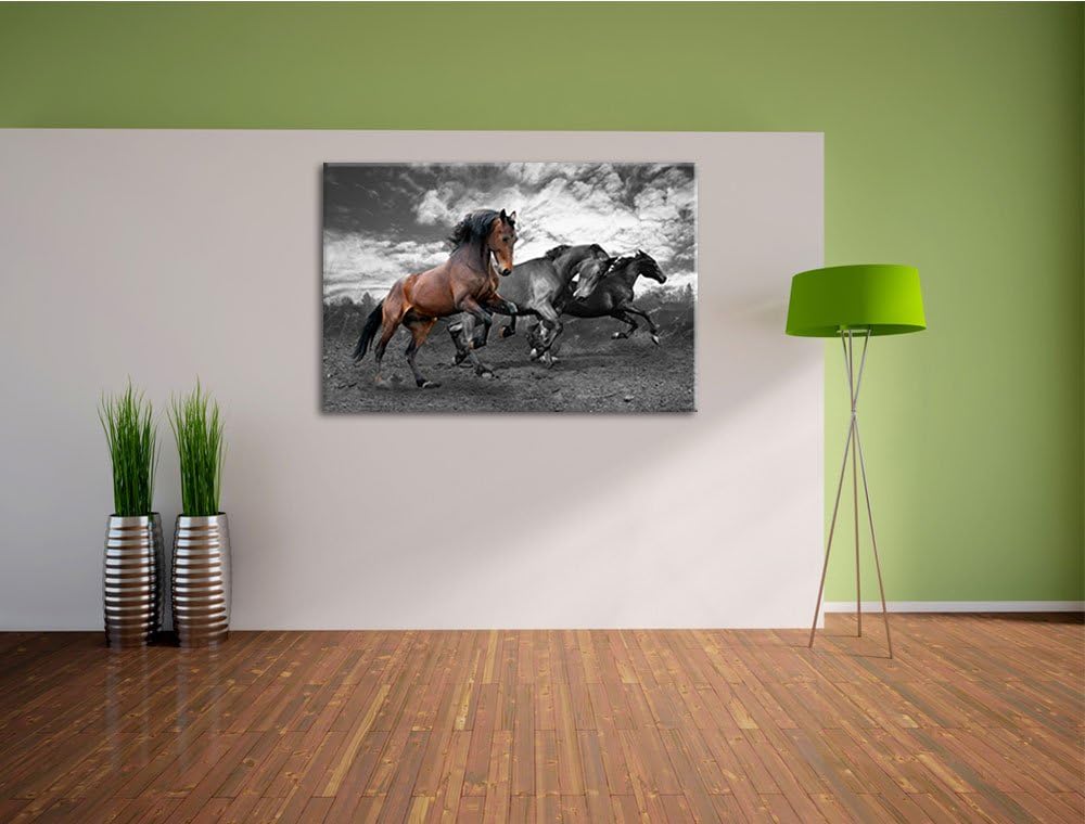 Schöne Wildpferde schwarz/weiss Format: 100x70 auf Leinwand, XXL riesige Bilder fertig gerahmt mit K