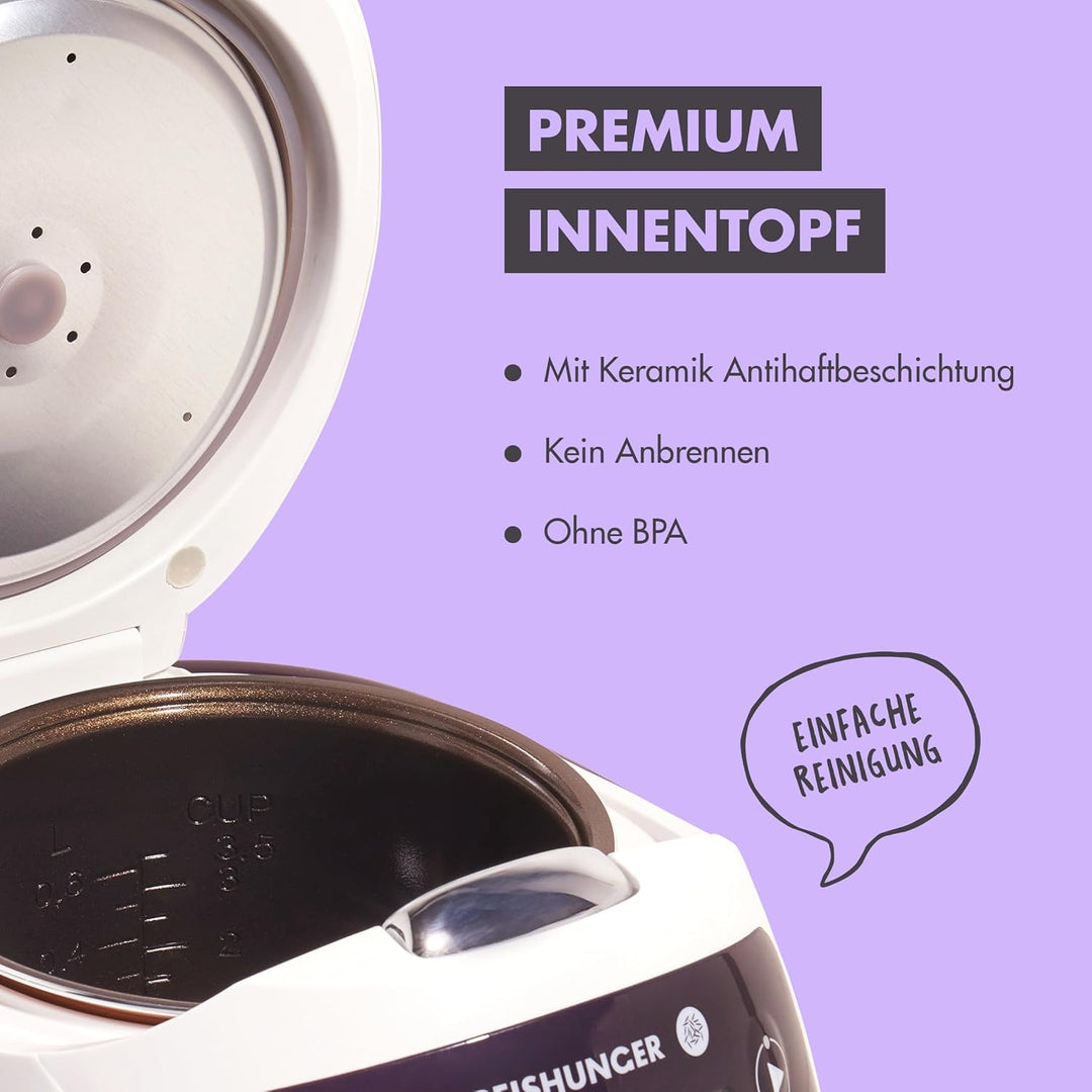 REISHUNGER Digitaler Reiskocher klein, bordeaux | 0,6 L bis 3 Personen | Warmhaltefunktion, Timer &