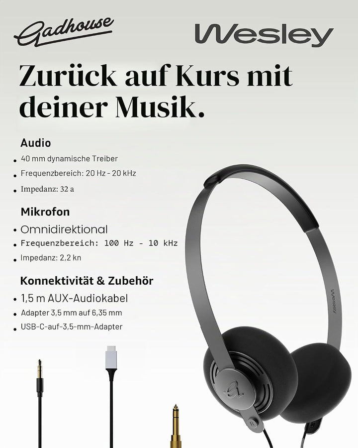 Gadhouse Wesley Retro-Kopfhörer mit USB-C und 3,5-mm-Konnektivität – Vintage-Kopfhörer, Walkman-Stil
