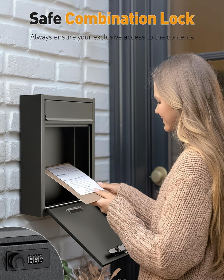 Uniclife Wall Mount Mailbox für aussen, grosse Ablagefach mit Zahlenschloss, Sicherheit Schliessung