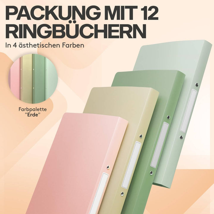 ACROPAQ - 12 x Ringordner A4 - Ordner schmal, Pastell, Mit 2 Ringen, 2 cm Rückenbreite - Ringordner,
