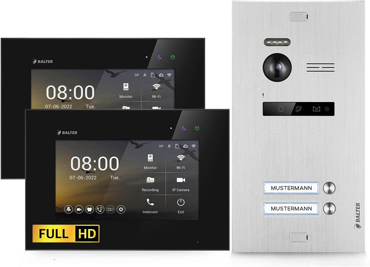 Balter EVO-HD Video Türsprechanlage, Video Türklingel mit Kamera, 2 Familienhaus Klingel, 2X 7 Zoll
