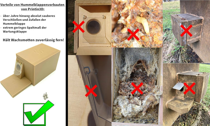 Grosser Hummelklappenvorbau, Hummelklappe/Wachsmottensperre - Eingang rechts, für Ihren Hummelkasten