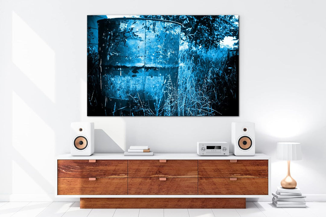 rostiger roter Container in der Natur Format 80x60 Effekt: Monocrome Blau als Leinwandbild, Motiv fe