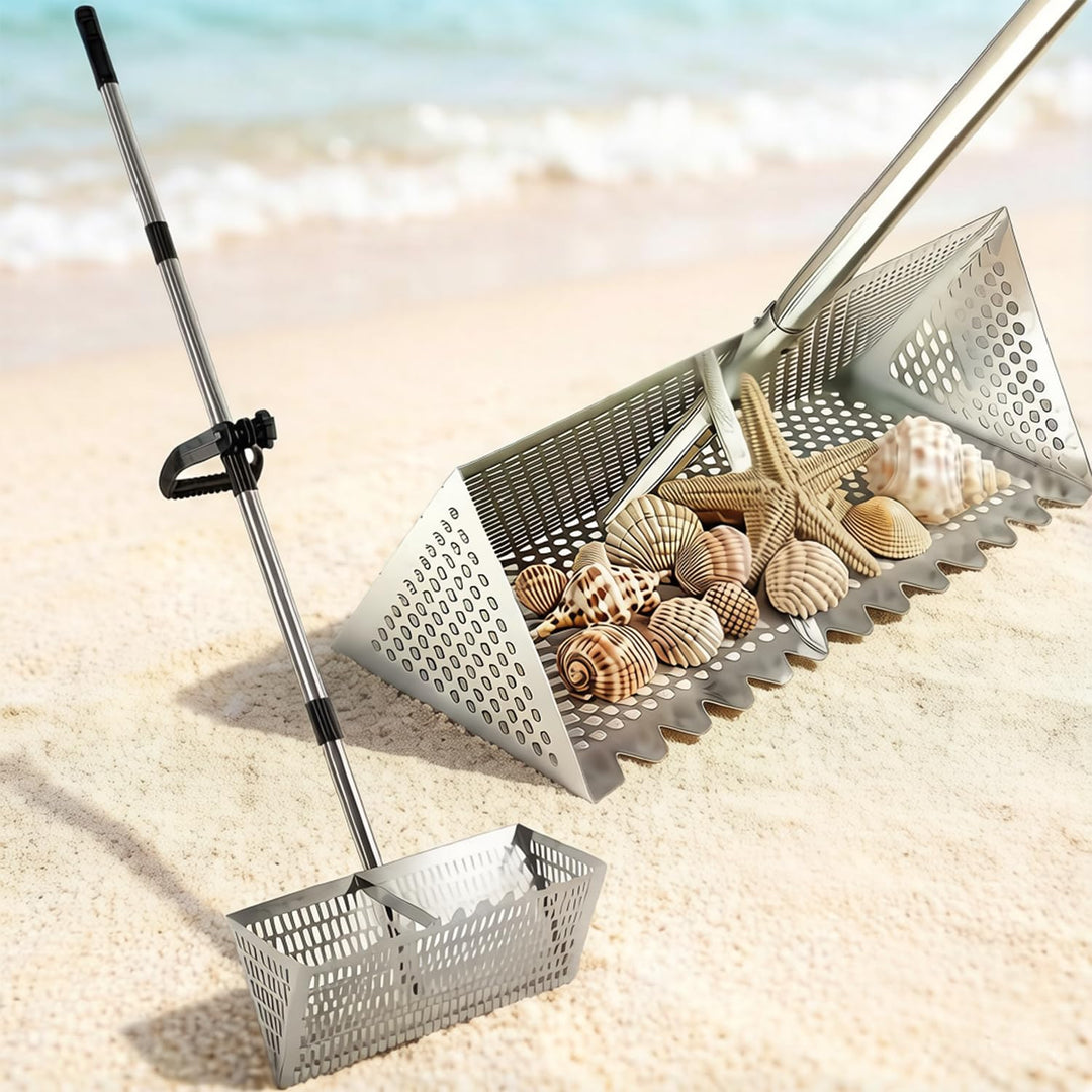 Sandflohrechen für den Strand, Sandschaufel und -sieb aus Edelstahl, extra grosser, 40 cm breiter Re