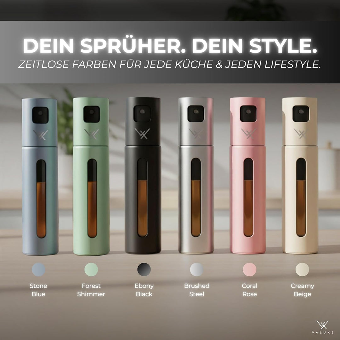 VALUXE® Ölsprüher für Speiseöl & Essig mit UV-Edelstahlmantel & Sprühfilter - Edelstahl Öl-Sprühflas