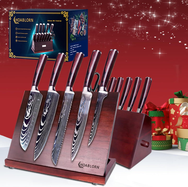 ChefHoablorn Küchenmesser Set mit Block 15pcs Messerblock mit Messer Akazienmesser Halter mit Starke