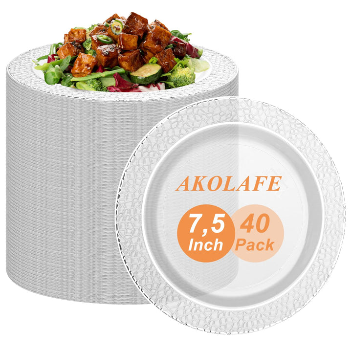 AKOLAFE 40 Weisse Plastikteller mit Silbernem Rand, 19cm Mehrweg Kunststoffteller Stabiles Plastik T