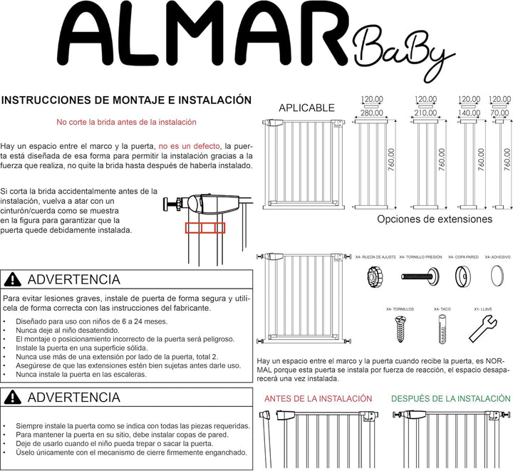 ALMAR Baby Sicherheitsgitter, 67-74 cm, Weiss, einfache Montage, ohne Schrauben für Türen, Flure ode