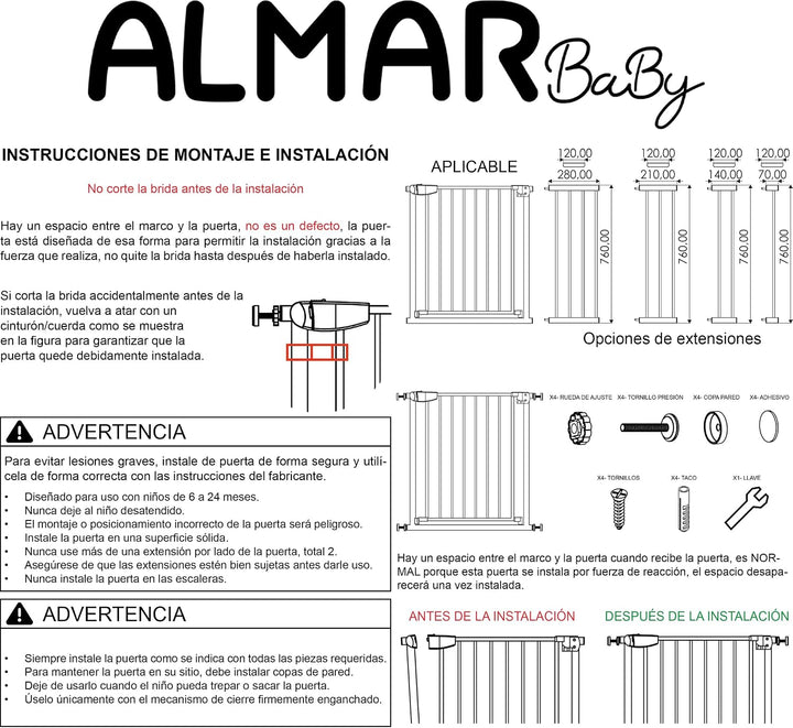 ALMAR Baby Sicherheitsgitter, 67-74 cm, schwarz, einfache Montage, für Türen, Flure oder Treppen, we