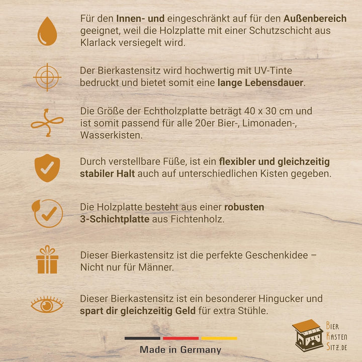 Bierkastensitz, Outdoor Hocker, Vintage Sitzauflage aus Holz für Getränkekisten mit Kaltes Bier als