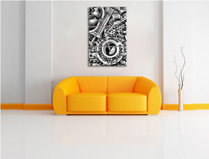 Pixxprint Monocrome, Kaffee Cappucino Kaffee Trinken Erholung 3-Teiler Leinwandbild 120x80 Bild auf