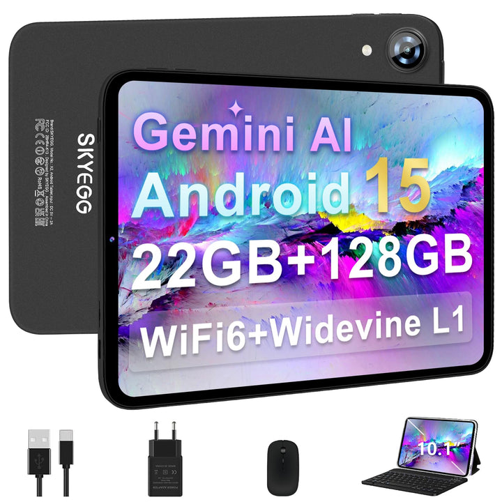 Android 15 Tablet 10 Zoll mit 22 GB RAM + 128 GB ROM (erweiterbar bis zu 1 TB), Widevine L1, Octa-Co