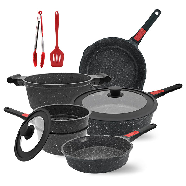 Topf und Pfannenset 10-Teilig, Pfanne mit Deckel 20cm, 24cm, 28cm, Stielkasserolle 18cm+ Dampfer, To