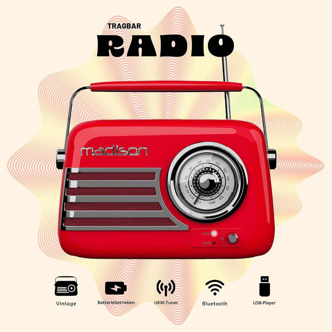 FREESOUND-VR40R - MADISON - 30W Vintage-Radio mit langer Batterielaufzeit, Bluetooth, USB und UKW -