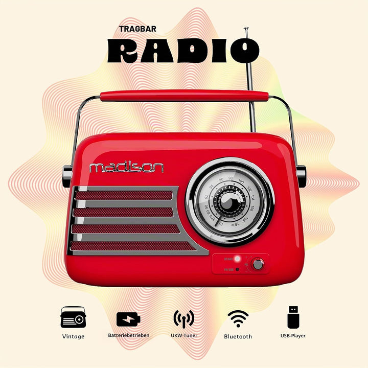 FREESOUND-VR40R - MADISON - 30W Vintage-Radio mit langer Batterielaufzeit, Bluetooth, USB und UKW -