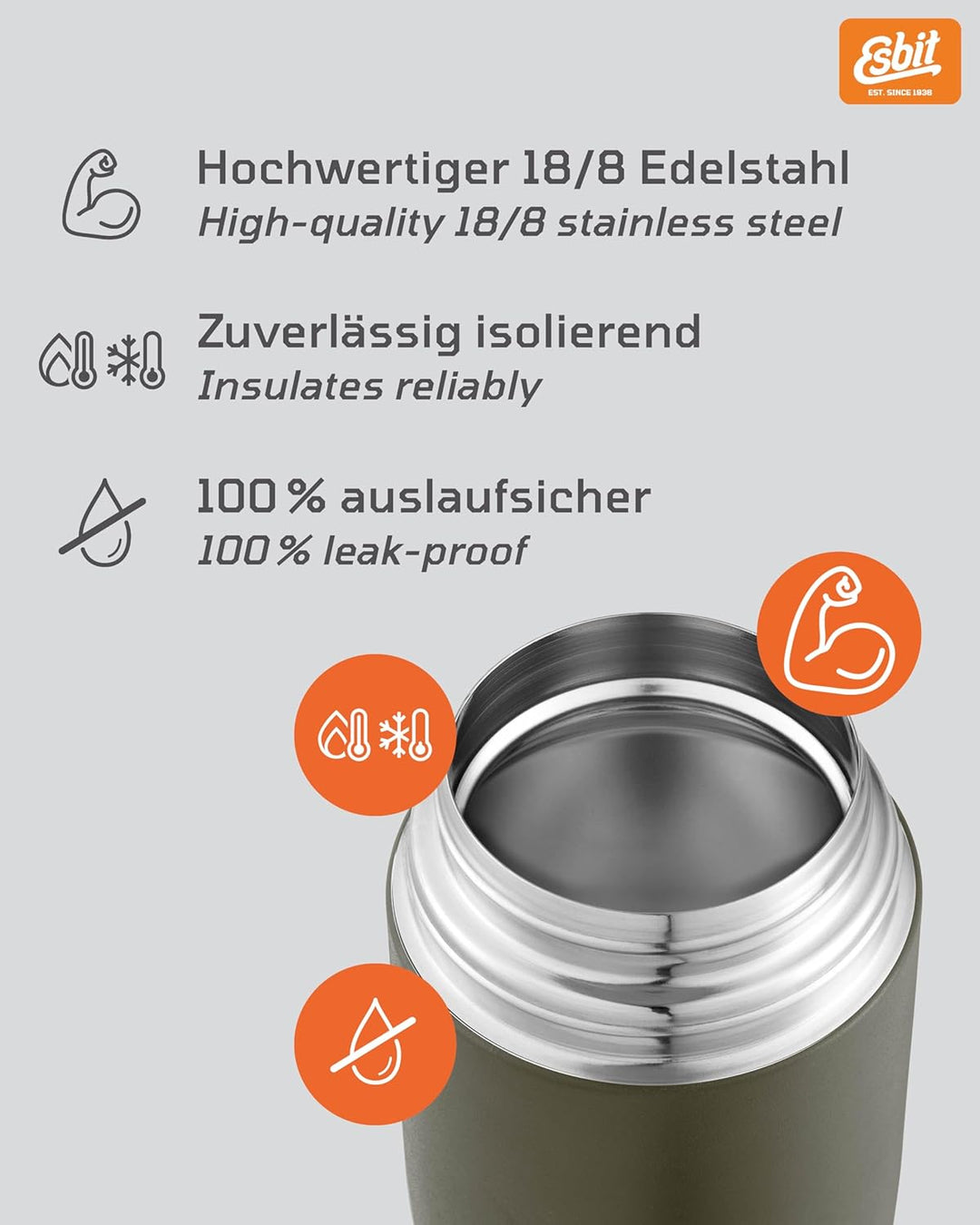 Esbit Thermobehälter Classic für Speisen - Warmhaltebehälter 750 ml in Olivgrün - aus Edelstahl für