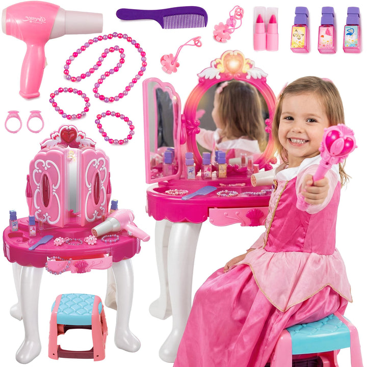 Kinderplay Rosa Schminktisch Kinder mit Zauberstäbchen - Haartrockner funktioniert wie EIN echter |
