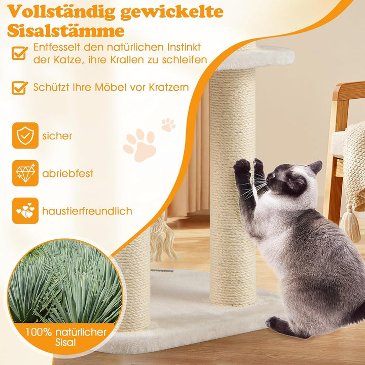 GYMAX Kratzbaum 104 cm, Katzenbaum Rattan mit Korb, Sisalstämme, Hängender Ball &amp; eine Schlinge, Sta