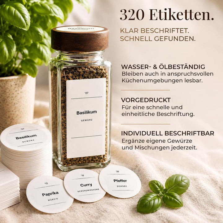 Gewürzgläser mit Streueinsatz [24x 120ml] + 320 Wasserfeste Label - Luftdichte Gewürzgläser eckig -