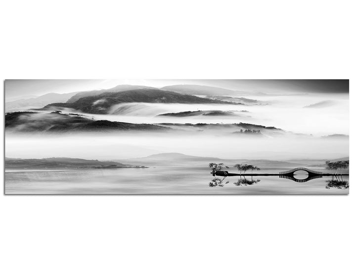 Paul Sinus Art Panoramabild auf Leinwand und Keilrahmen 150x50cm China Landschaft Wasser Berge Nebel