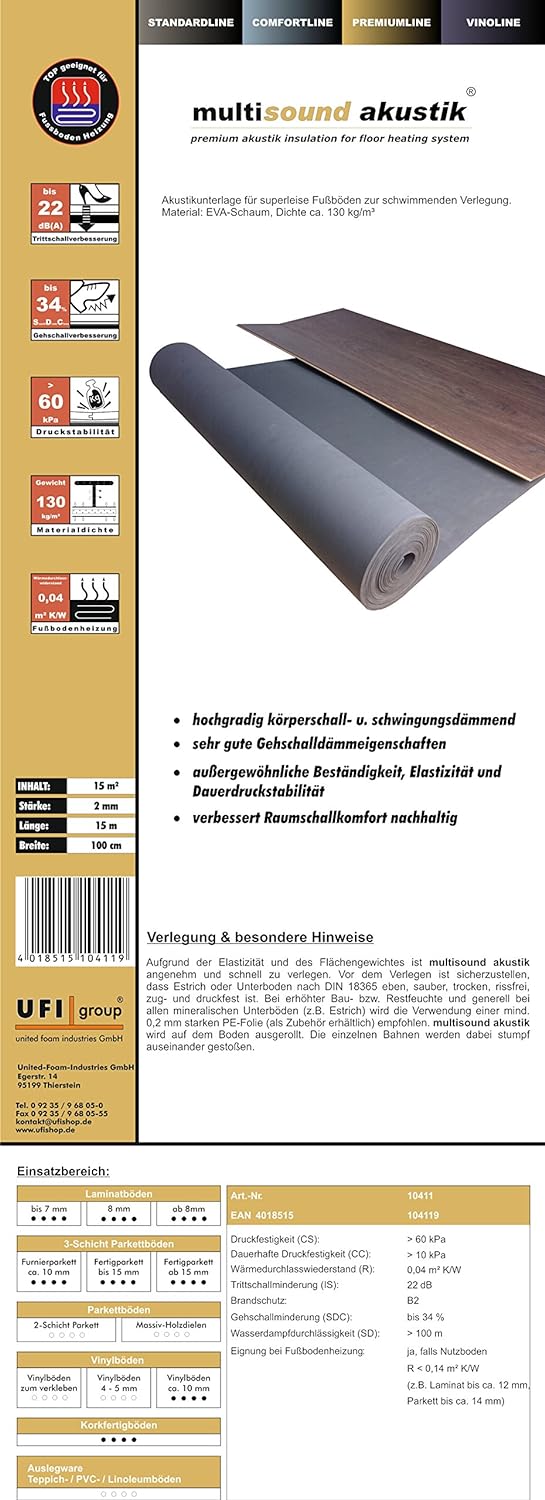 uficell® Multisound Akustik Trittschalldämmung für Parkett- und Laminatböden - Trittschallverbesseru