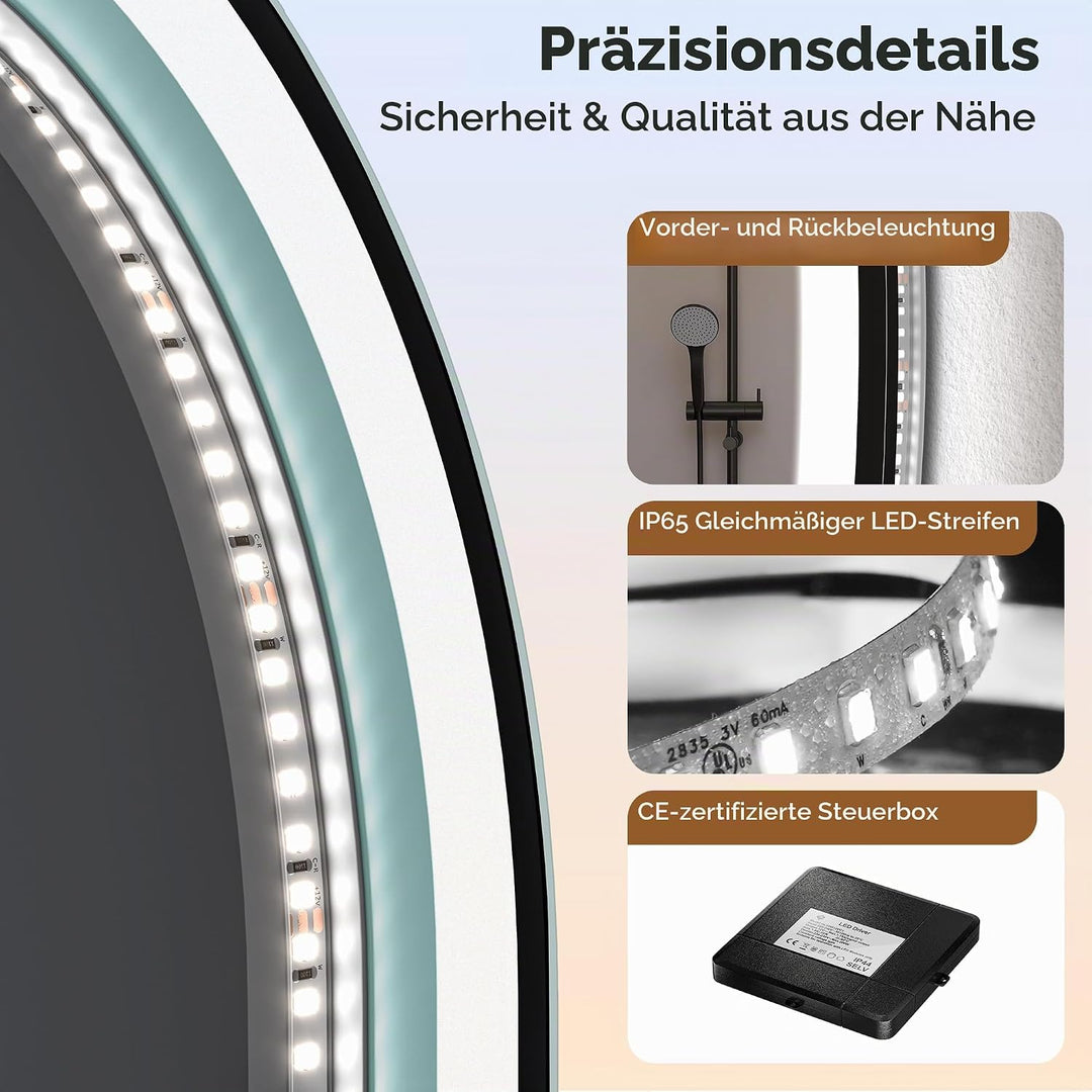 STARLEAD Badspiegel-Rund-mit-Beleuchtung 70cm Diameter, LED-Spiegel-Rund mit Bluetooth, Dimmbar, 3 L