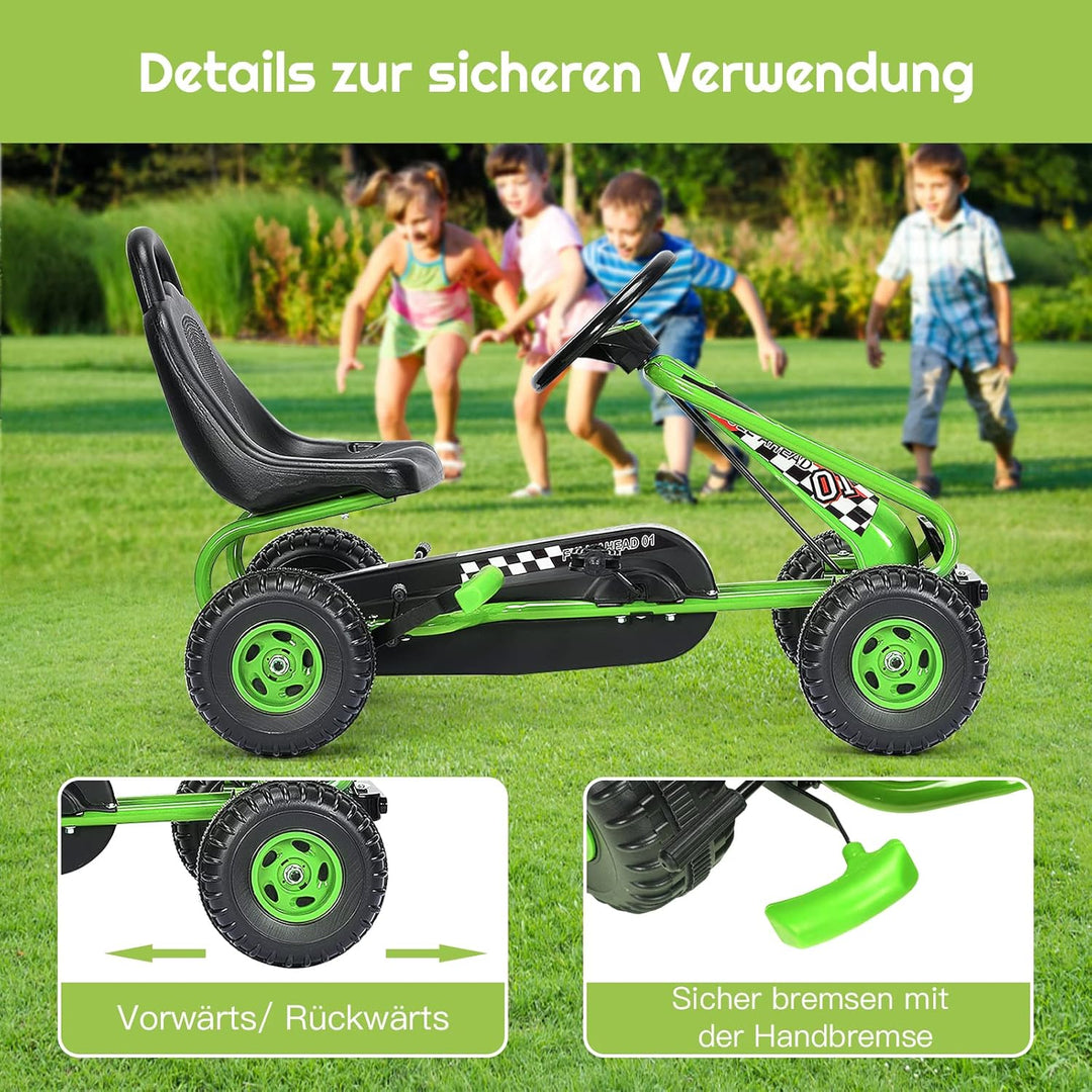 DREAMADE Gokart mit Handbremse & verstellbarem Sitz, Tretauto Tretfahrzeug mit geschlossenem Kettenk