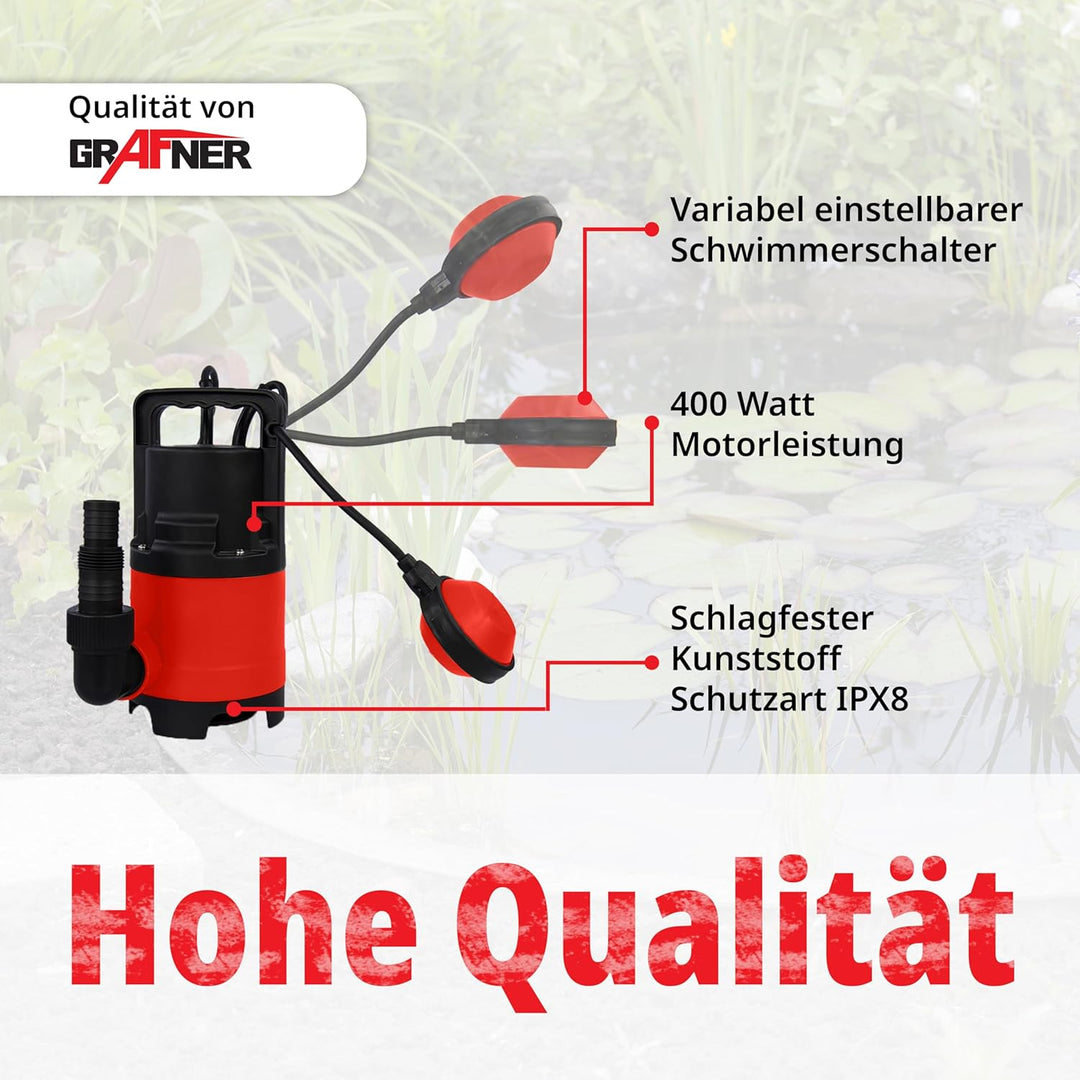 Grafner Schmutzwasserpumpe 400 Watt bis 8000 l/h Förderleistung, Ø25mm Fremdkörper, Schwimmschalter,